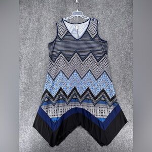 Per Seption Blue Chevron Geometric Midi Dress Handkerchief Hem Women’s 3X Artsy